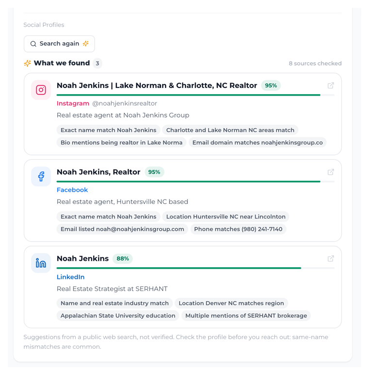 Social Lookup results on a contact in AgentOS