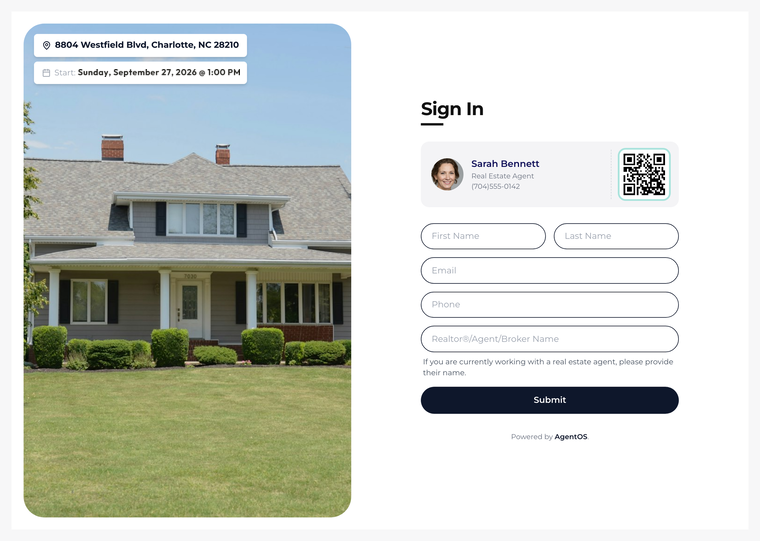 The open house kiosk screen and QR sign-in in AgentOS