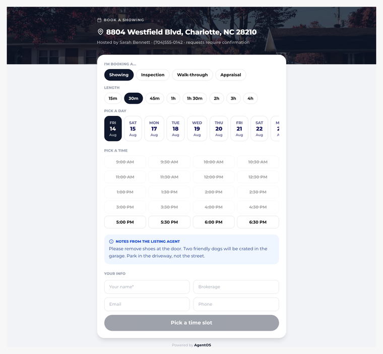 A showing request and seller approval flow in AgentOS