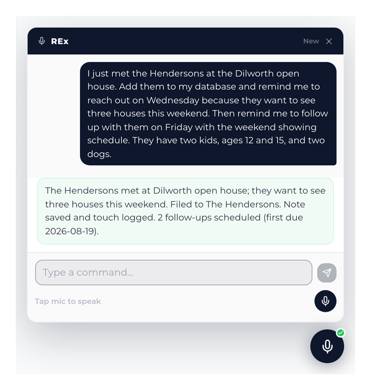 A spoken note becoming a contact note, logged touch, and scheduled follow-ups in AgentOS